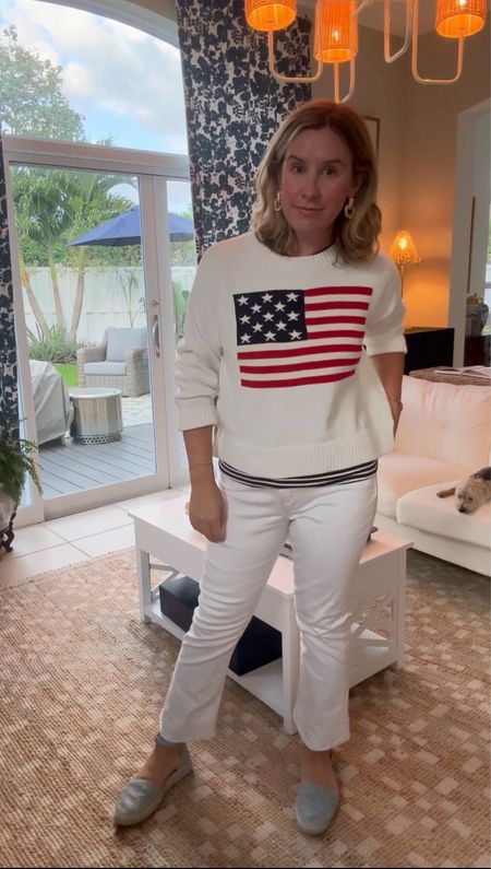 White jeans, white American flag sweater, got the sweater in one size bigger. Jeans have a slight stretch 

#LTKFindsUnder50 #LTKMidsize