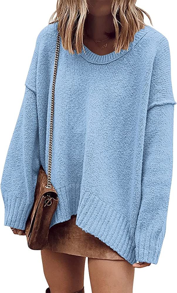 ANRABESS Women’s Casual Long Sleeve V Neck Off Shoulder Loose Baggy Comfy Knit Pullover Sweaters Tun | Amazon (US)