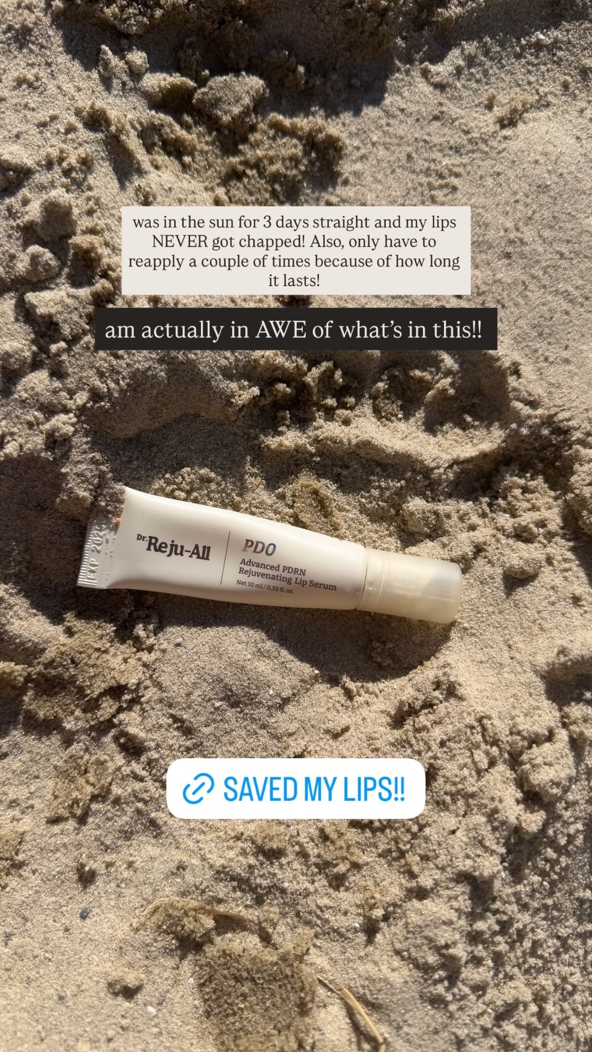 was in the sun for 3 days straight and my lips NEVER got chapped! Also, only have to reapply a couple of times because of how long it lasts! am actually in AWE of what’s in this!!