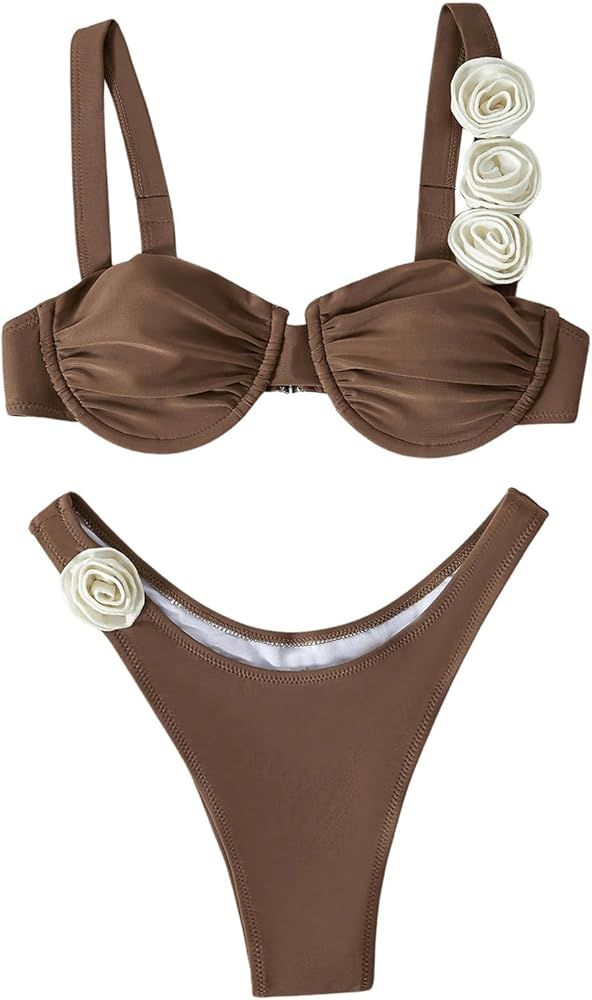 BEAUDRM Women's 3D Flower Design Swimsuit Bikini Sets Bathing Wear | Amazon (US)