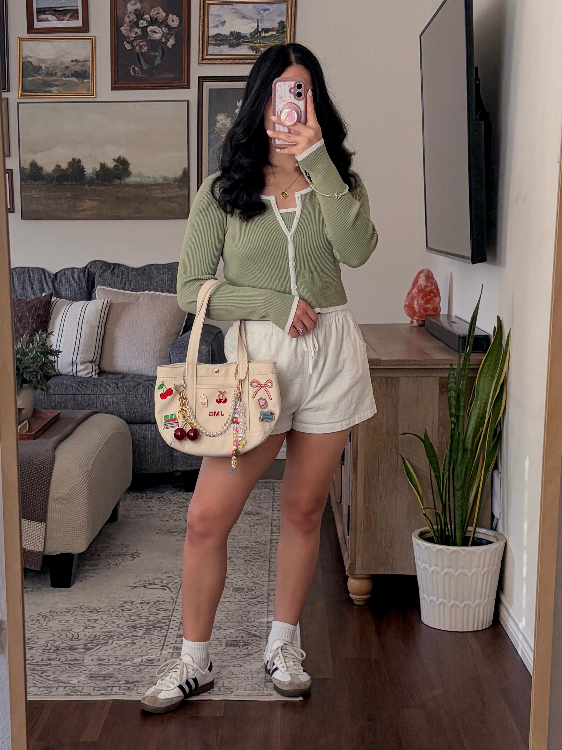 starting july comfy & cute 🍒 sage green outfit, sage green cardigan, green cardigan outfit, cardigan and shorts outfit, casual summer outfit, comfy cute outfit, effortless casual style, sporty chic outfit, elevated casual outfit, cozy girl outfit, soft girl aesthetic, neutral outfit inspiration, green and white outfit, linen shorts outfit, white shorts outfit, casual everyday outfit, easy outfit formula, laid back style, comfortable but cute, weekend outfit inspiration, coffee run outfit, casual brunch outfit, everyday fashion inspo, minimal chic outfit, soft feminine style, casual street style, sporty casual outfit, samba outfit, Adidas samba outfit, sneakers and shorts outfit, white sneakers outfit, crew socks outfit, sporty girl aesthetic, off duty model style, clean girl outfit, effortless chic style, wearable everyday fashion, comfy summer fashion, capsule wardrobe outfit, simple but cute outfit, relaxed summer style, polished casual look, modest casual outfit, casual ootd, outfit of the day, midsize fashion inspiration, petite fashion inspiration, aesthetic casual wear, soft neutral palette, minimal outfit styling, casual style ideas, everyday wardrobe staples, cute casual fashion, stylish comfy outfit, preppy casual outfit, pinterest outfit inspiration, girl next door style, cherry tote bag, personalized tote bag, cute tote bag outfit, playful accessories, charm bag trend, bag charm aesthetic, casual but put together, trendy everyday outfit, easy summer dressing, fashion inspo daily, lifestyle fashion creator, subtle coquette aesthetic, sporty meets feminine, understated style, chic off duty look, effortless everyday style 

 #LTKdayinmylife #LTKgrwm #LTKootd