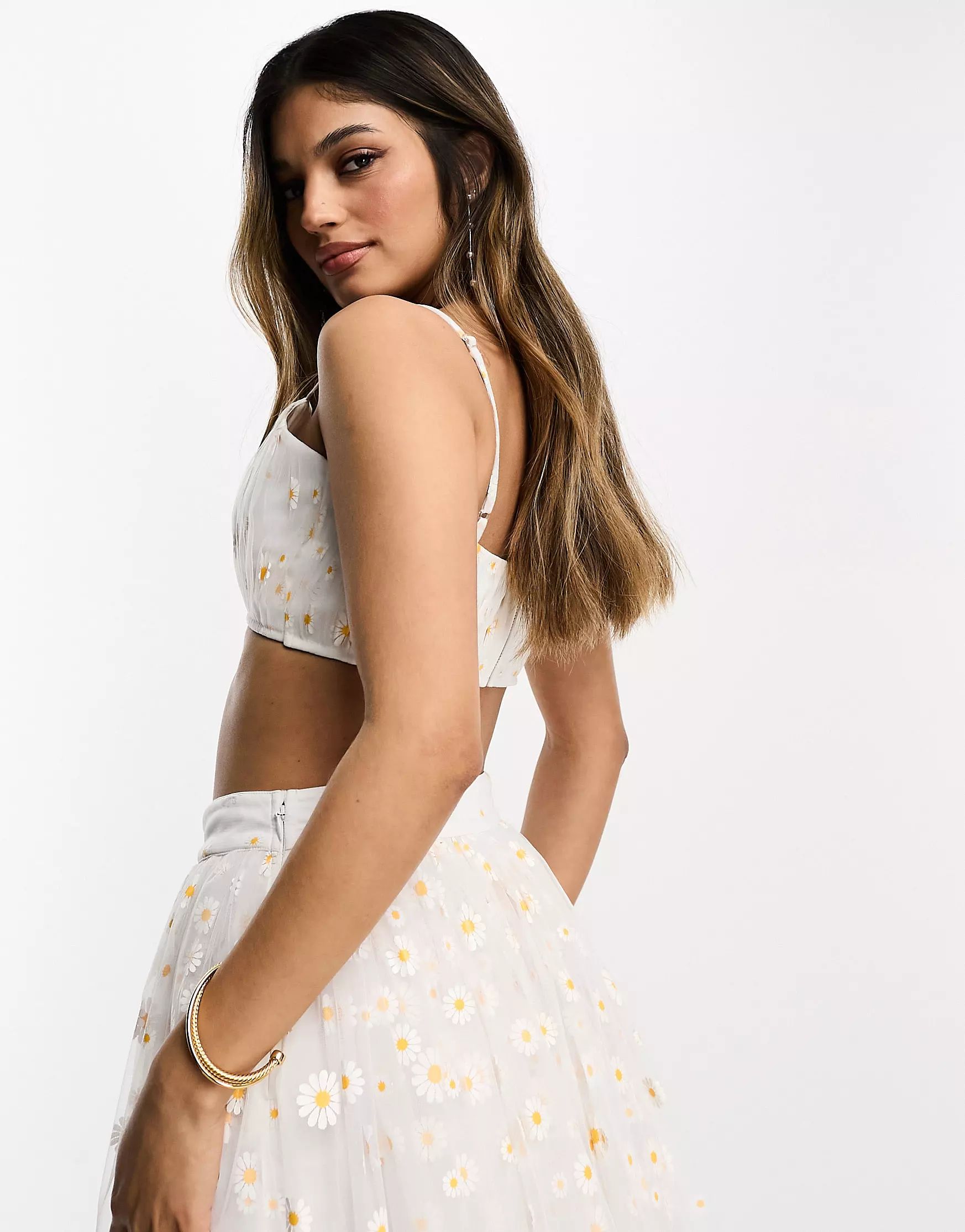Lace & Beads exclusive ruched tulle bralet co-ord in white daisy | ASOS | ASOS (Global)
