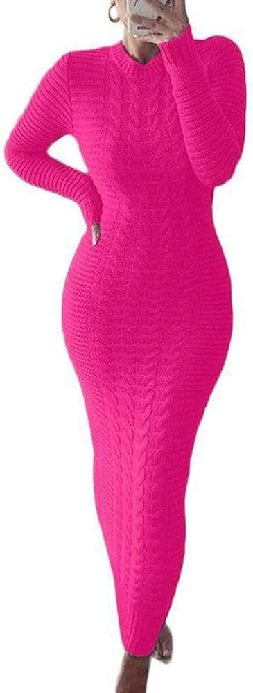 chouyatou Women's Sexy Crewneck Long Sleeve Cable Knit Bodycon Maxi Pullover Sweater Dress | Amazon (US)