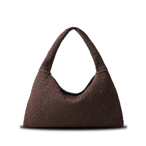 Vegan Leather Woven Tote Bag, Vintage Suede Hobo Bag, Suede Woven Purse, Large Leather Shoulder Bag Braided Handbag (Dark Brown) | Amazon (US)