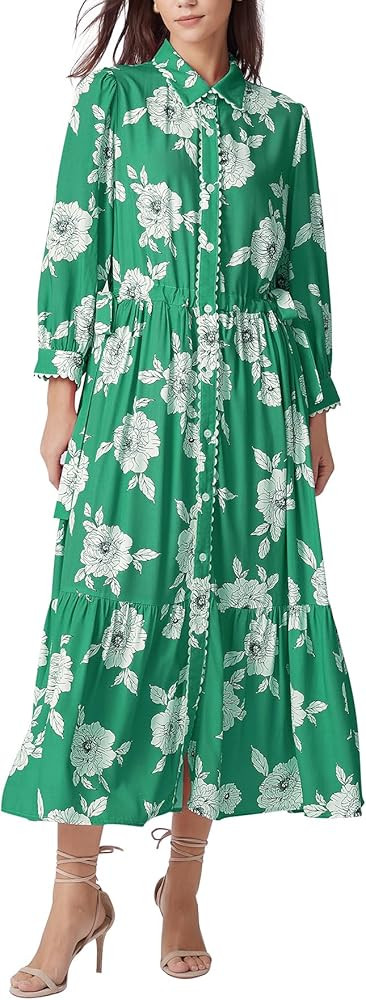 Kedera Womens Maxi Shirt Dress Floral Spring Collared 3/4 Long Sleeve Button Down Drawstring Wais... | Amazon (US)