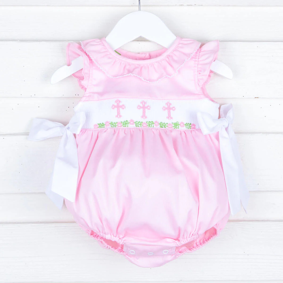 Pink Cross and Vine Smocked Beverly Bubble | Classic Whimsy