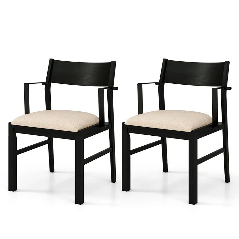 Gymax Dining Chair w/ Arms Set of 2 Modern Kitchen Chairs & Contoured Backrest Black & Beige | Walmart (US)