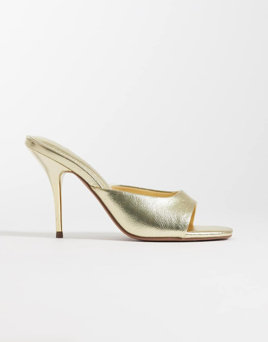 ASOS DESIGN Nighty high heeled mules in gold | ASOS (Global)