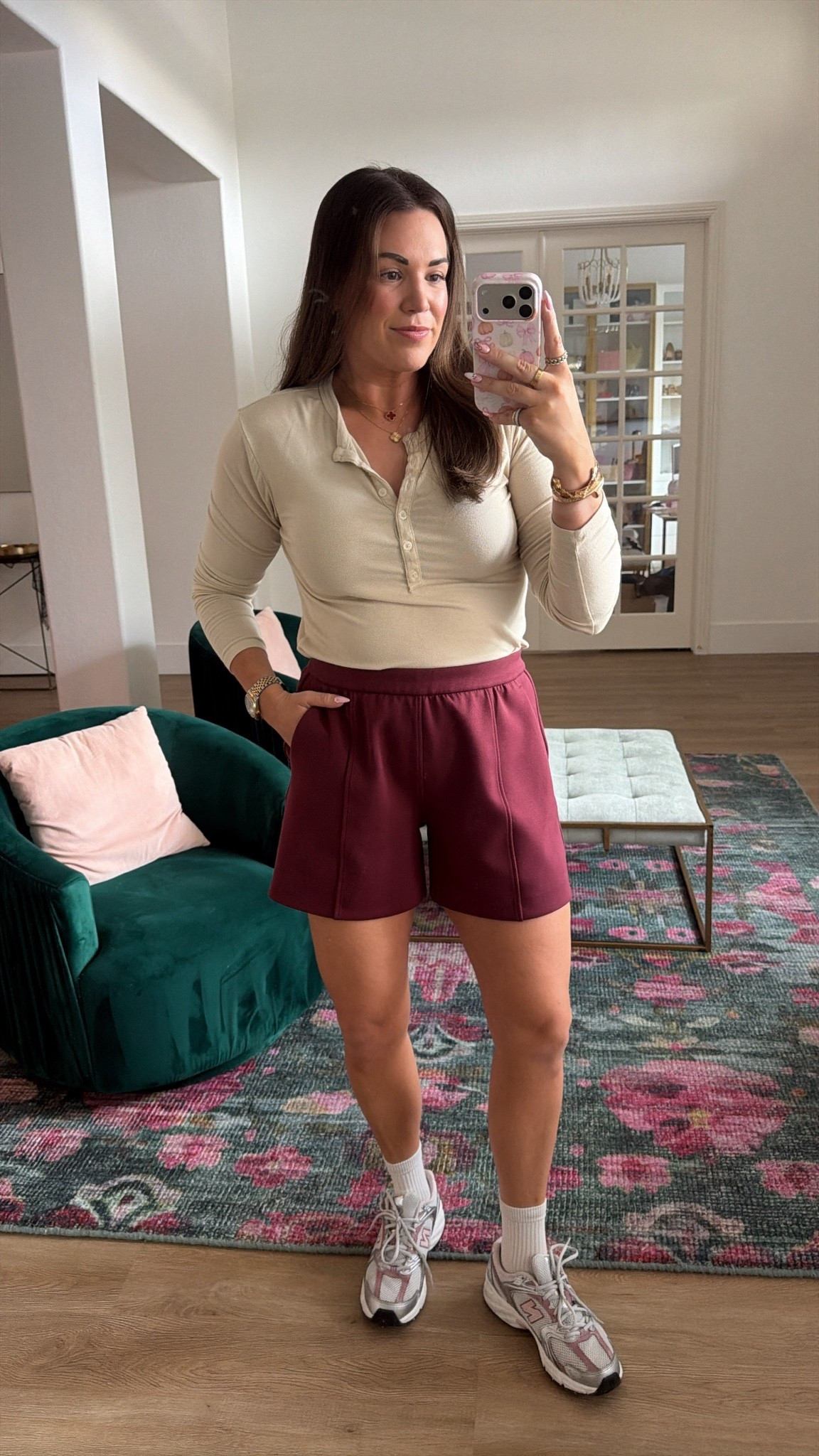 curvy midsize casual fall athleisure look! what i wore to T’s bday party at a trampoline park! in the size large in henley top and size large in shorts (waistband runs a bit small, size up if between sizes! i originally got the medium).