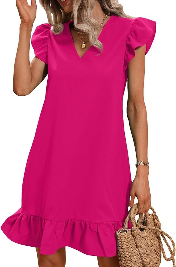 SOLY HUX Summer Dresses for Women V Neck Cap Sleeve Ruffle Hem Smock Short Dress | Amazon (US)