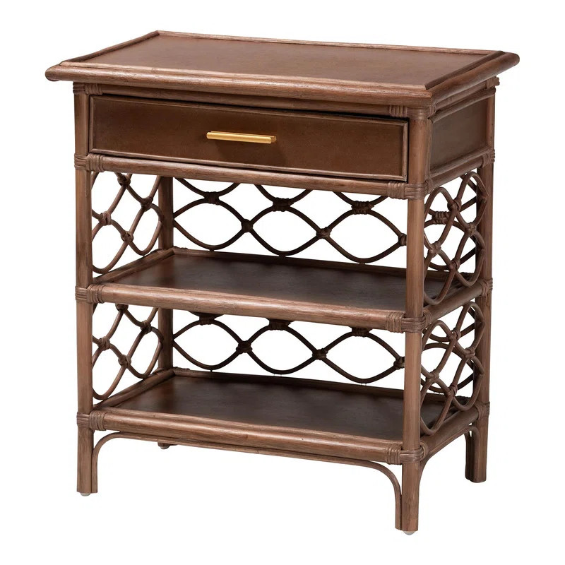 Natural Rattan Nightstand with Drawer, Fully Assembled Lattice Bedside Table with 2 Open Shelves | Wayfair North America