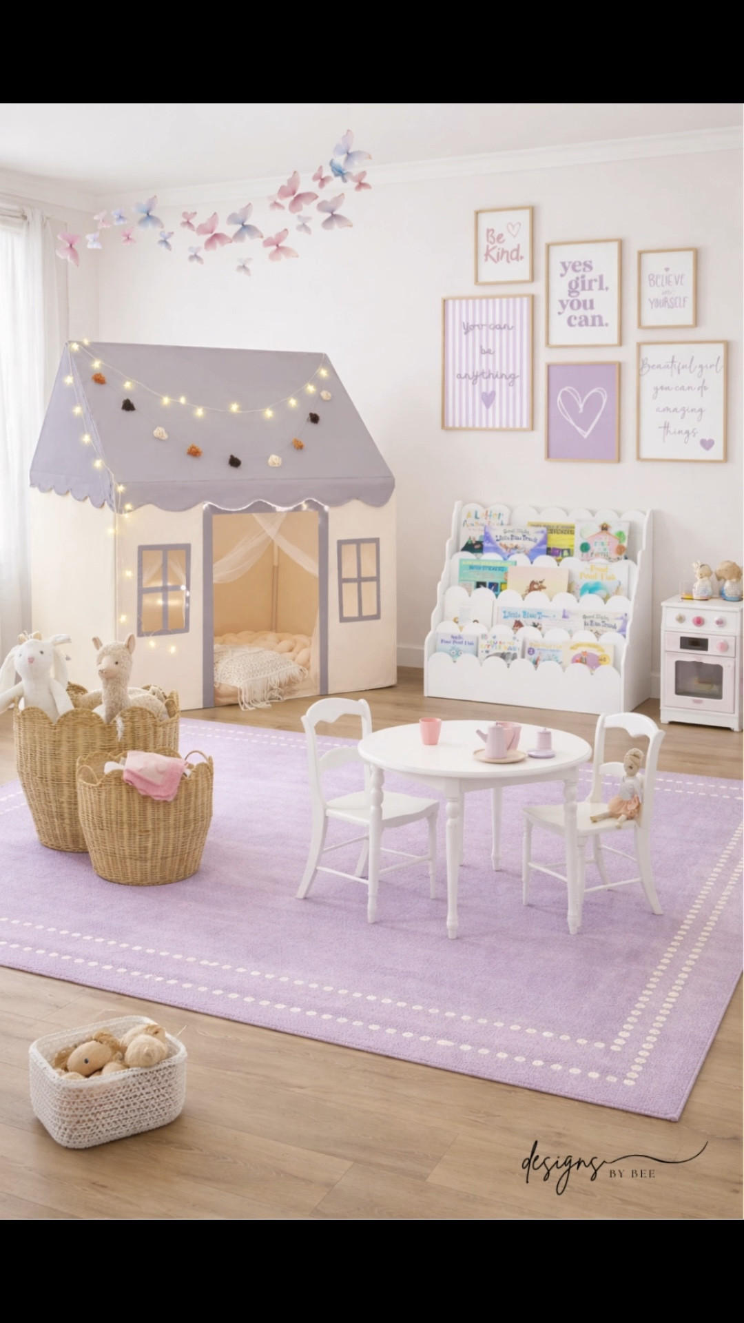 Girl's playroom ideas, toddler girl room, lilac rug, scalloped toy storage, traditional kids furniture, grandmillennial kids room, play tent for kids, butterfly wall decals, light and airy playroom

#LTKhome #LTKkids #LTKfamily #playroomdecor #girlsroominspo #grandmillennialhome #traditionaldesign #scallopeddecor #playroominspo #toddlerroom #kidsroomdesign #lightandairy #interiorstyling 

 #LTKmomlife #LTKBaby #LTKKids
