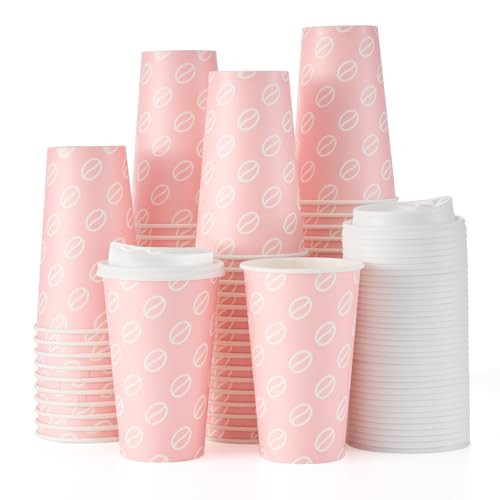 Tamone 100 PACK 16OZ Disposable Coffee Cups with Lids Leak Proof, To Go Coffee Cups with Lids, Pink Paper Cups for Cold/Hot Coffee Beverage Chocolate Cocoa for Home Office Party | Amazon (US)