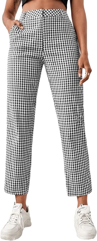 SweatyRocks Women's High Waisted Plaid Straight Leg Cropped Pants Gingham Trousers with Pockets | Amazon (US)