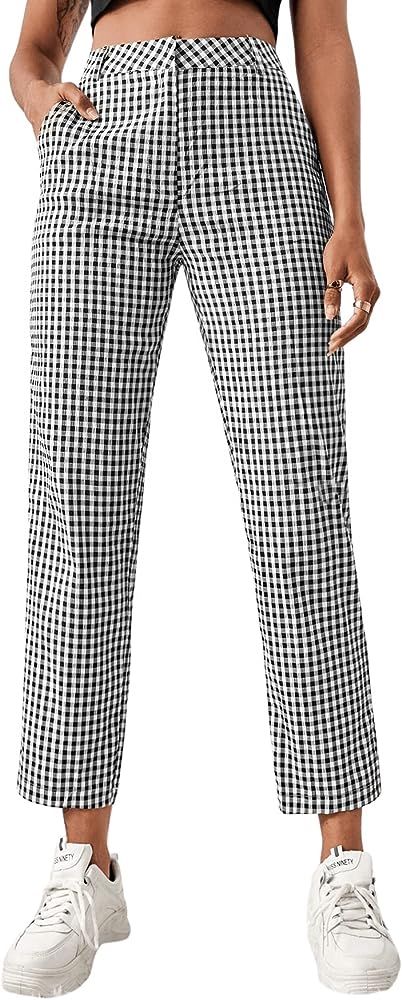 SweatyRocks Women's High Waisted Plaid Straight Leg Cropped Pants Gingham Trousers with Pockets | Amazon (US)