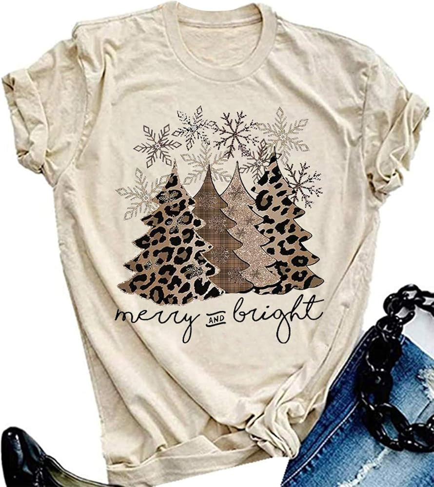 Merry Bright T Shirt Women Leopard Plaid Christmas Tree Shirt Short Sleeve Cute Letter Graphic T ... | Amazon (US)