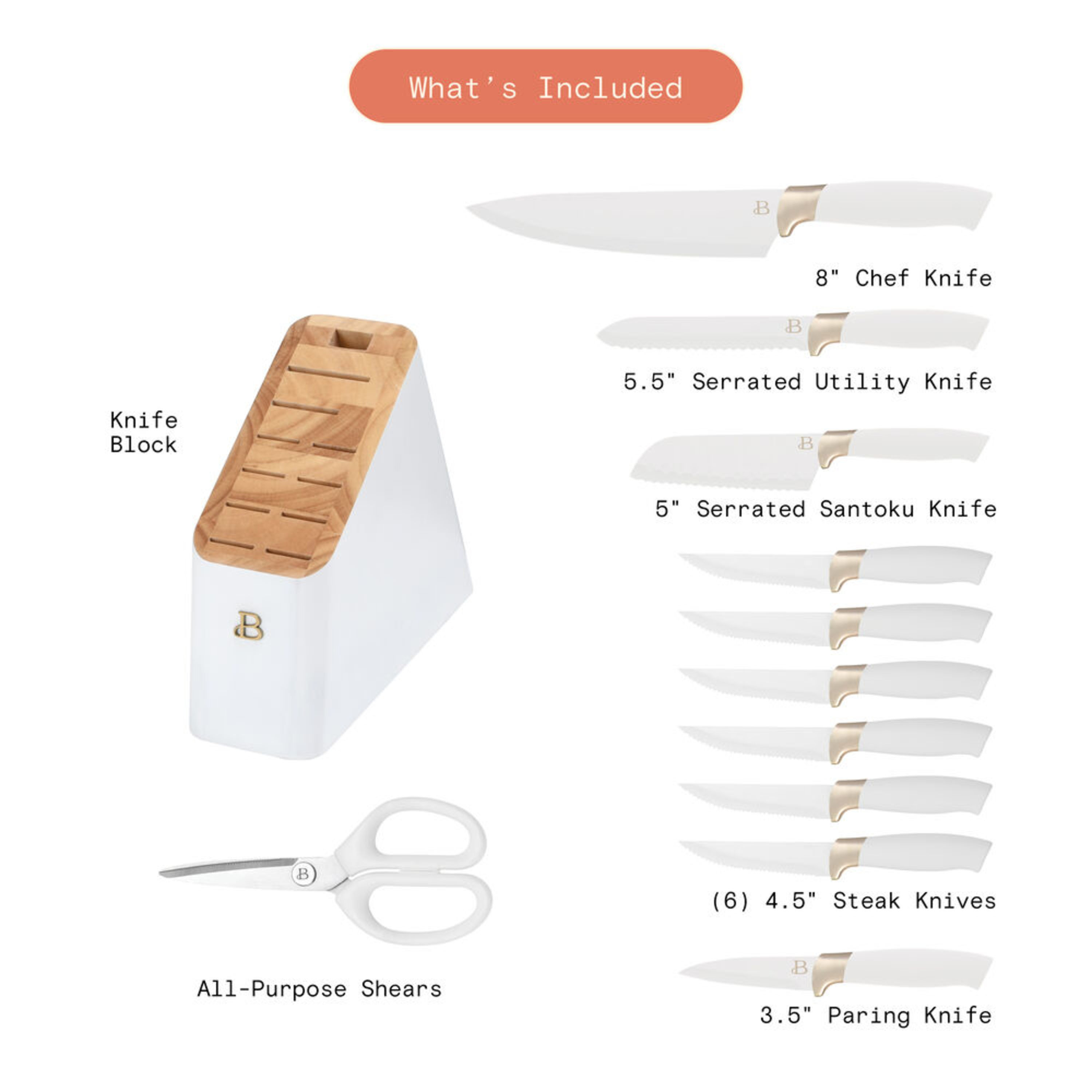 Beautiful 12 Piece Knife Block Set with Soft-Grip Ergonomic Handles White and Gold by Drew Barrym... | Walmart (US)