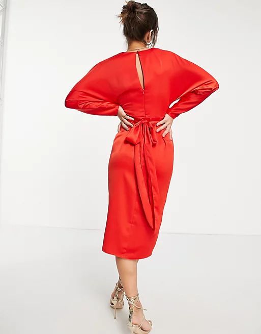 ASOS DESIGN satin midi dress with batwing sleeve and wrap waist in red | ASOS (Global)