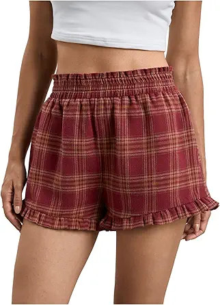MakeMeChic Women's Gingham Ruffle Lounge Shorts Elastic High Waist Pajamas Boxer Shorts | Amazon (US)
