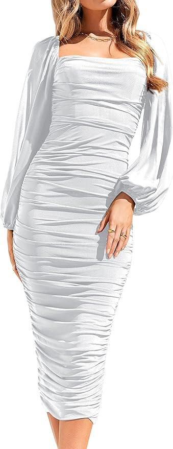 MASCOMODA Womens Sexy Ruched Midi Bodycon Dress Mesh Long Sleeve Fitted Cocktail Party Wedding Gu... | Amazon (US)
