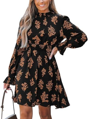 CUPSHE Women's Mock Neck Floral Mini Fall Dress Long Ruffle Sleeve Elastic Waist Smocked Casual F... | Amazon (US)