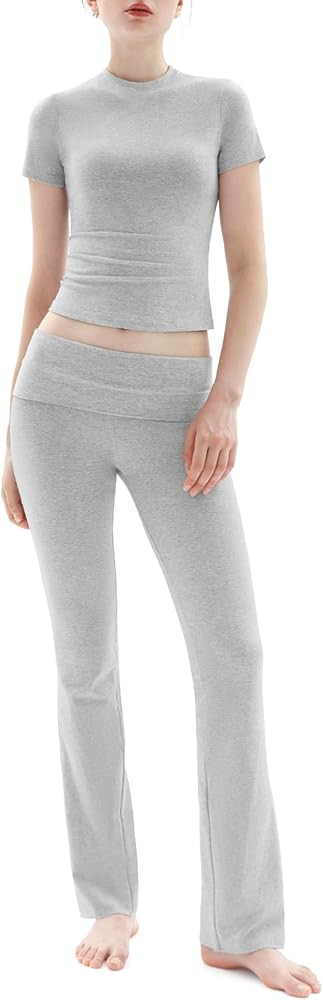 PUMIEY Women's 2 Piece Lounge Sets Short Sleeve Tops Fold-Over Flare Pants Casual Outfits Pajama ... | Amazon (US)