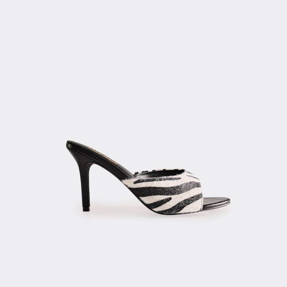 Graceful Peep Toe Stiletto Heel Mule In Zebra Print Faux Fur | EGO (UK)