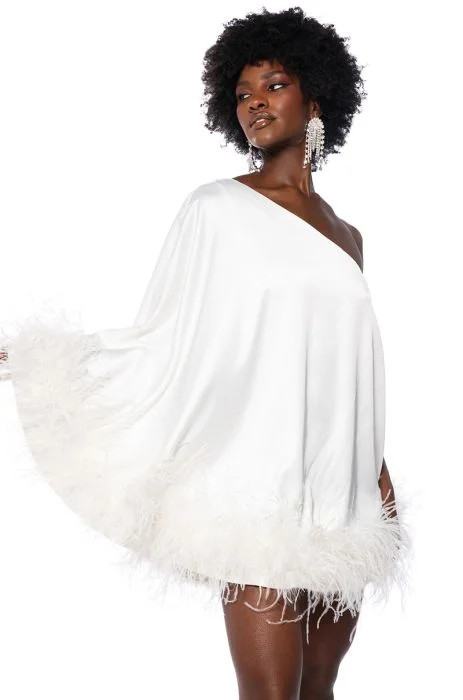 ISNT IT LOVELY ONE SHOULDER FEATHER HEM MINI DRESS IN WHITE | AKIRA