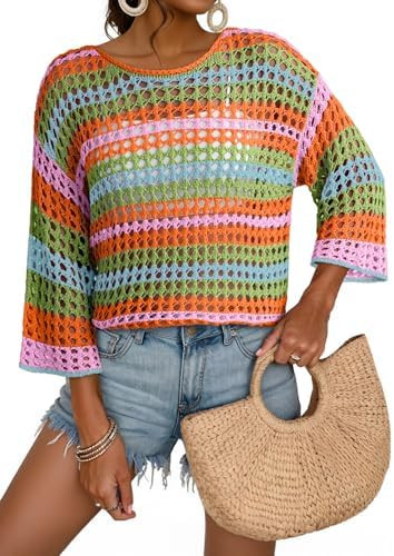 Dokotoo Womens Summer Fall 3/4 Sleeve Crochet Sweater Hollow Out Color Block Striped Tops Casual ... | Amazon (US)