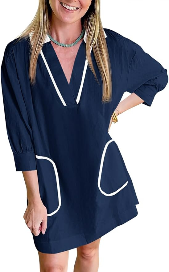 Saodimallsu Womens V Neck Swimsuit Coverup 3/4 Sleeve Collar Color Block Oversized Cover ups Mini... | Amazon (US)