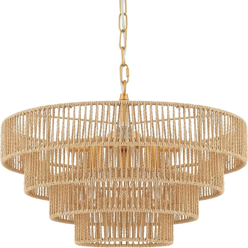 ELYCCUPA 6-Lights Hand-Woven Rattan Pendant Light 4 Round Transitional Minimalist Boho Large Pend... | Amazon (US)