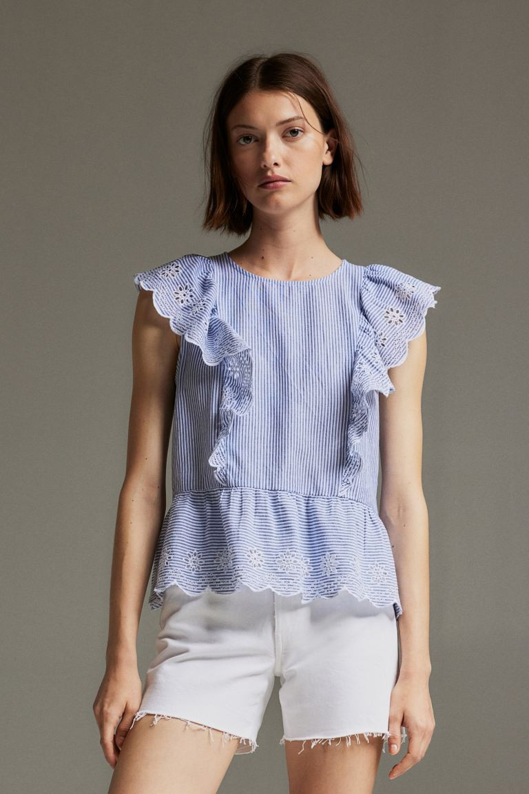 Ruffle-trimmed Cotton Blouse - Blue/striped - Ladies | H&M US | H&M (US + CA)