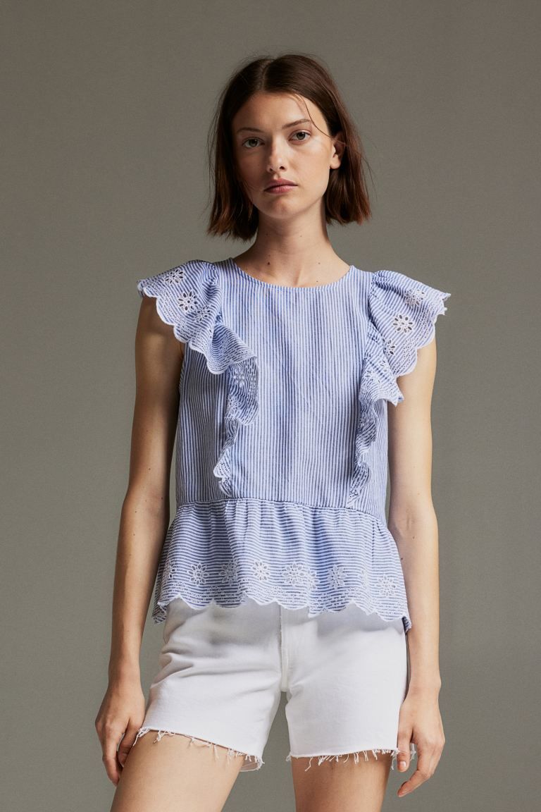 Ruffle-trimmed Cotton Blouse - Round Neck - Short sleeve - Blue/striped - Ladies | H&M US | H&M (US + CA)