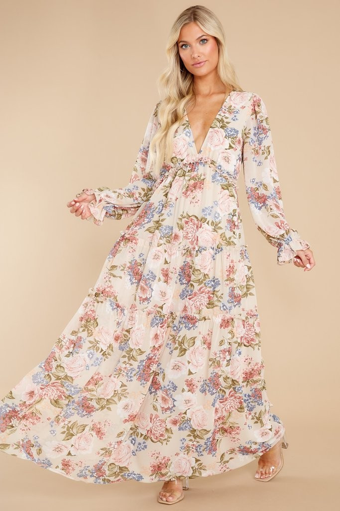 Flourishing Beauty Beige Floral Print Dress | Red Dress 