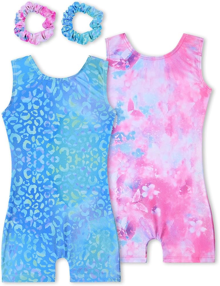 Gymnastics Leotards for Girls 2 Pack Sparkly Kids Biketards Dance Unitards Matching Hair Scrunchi... | Amazon (US)