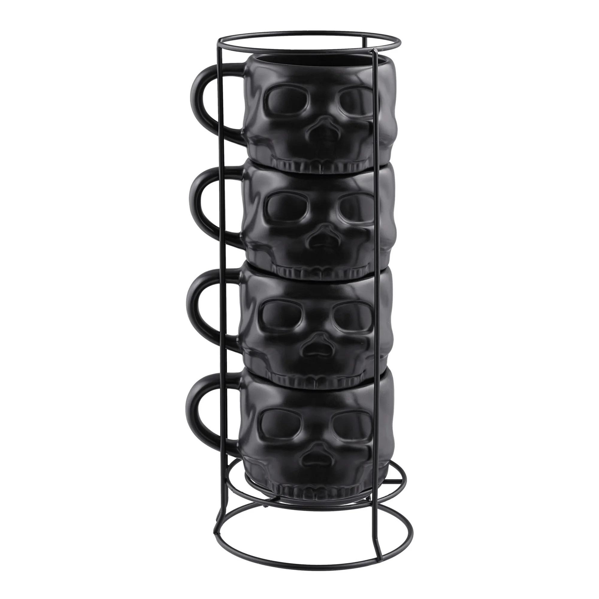 Way to Celebrate 4-Piece 13-Oz Black Skull-Shaped Glazed Ceramic Stacking Mug Set with Metal Rack... | Walmart (US)