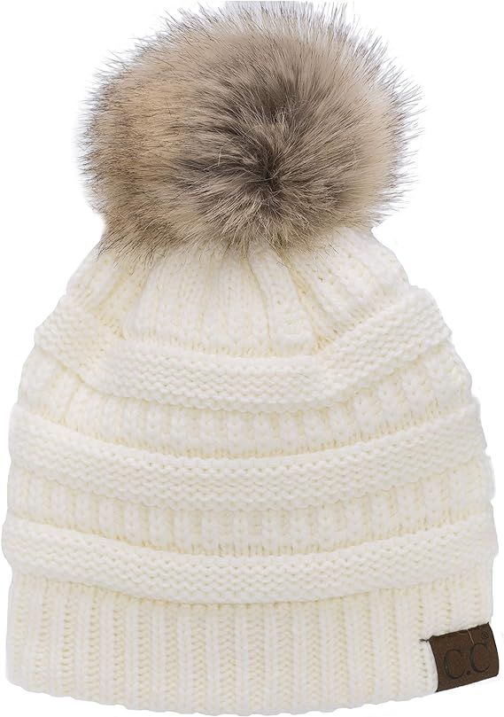 C.C Trendy Warm Soft Stretch Cable Knit Ribbed Faux Fur Pom Pom Fuzzy Sherpa Fleece Lined Skull C... | Amazon (US)