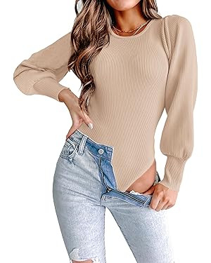 MASCOMODA Long Puff Sleeve Sweaters for Women 2024 Fall Winter Crewneck Knit Ribbed Bodysuit Pull... | Amazon (US)