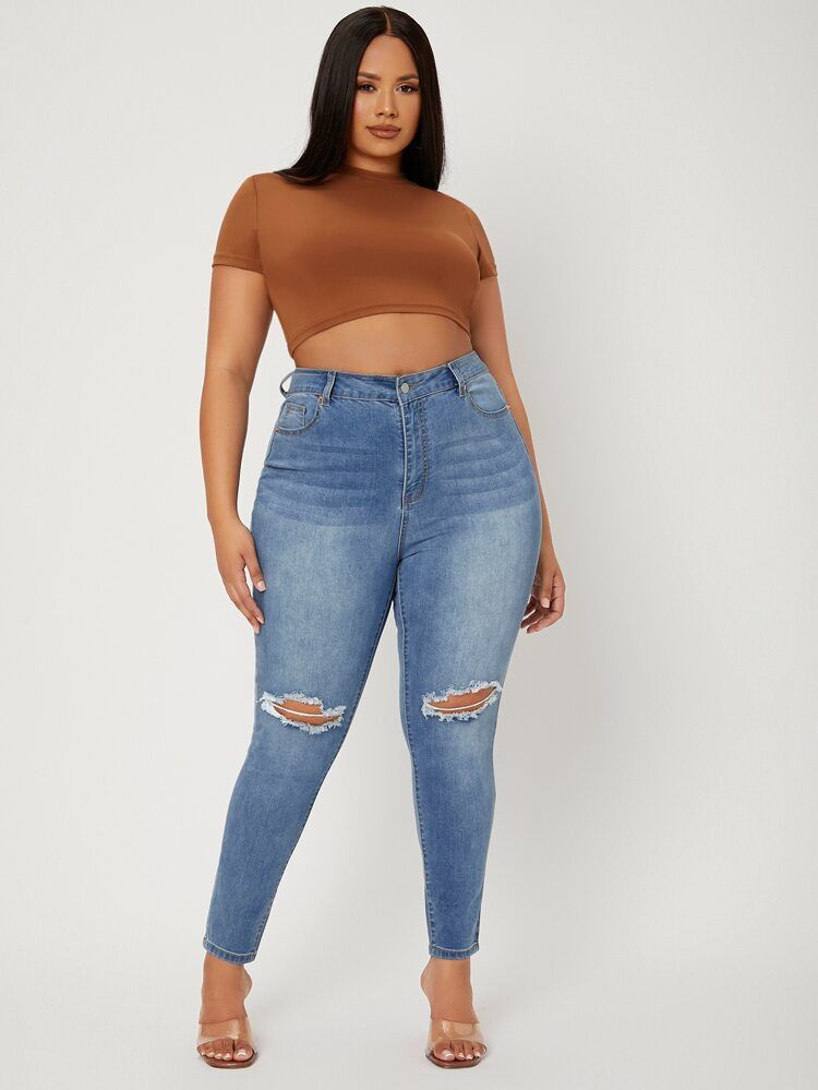 Plus High Waist Ripped Frayed Skinny Jeans | SHEIN