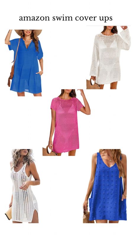 Here are some swimsuit cover ups I’ve gotten from Amazon lately! 
Here are the sizes I ordered.

Both blue dresses: small
Long sleeved : medium
Pink: large 
White Crochet sleeveless: large 
  

#LTKfindsunder50 #LTKswim #LTKstyletip