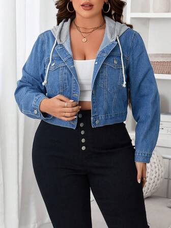 SHEIN Essnce Plus Flap Pocket Drawstring Hooded 2 In 1 Denim Jacket | SHEIN