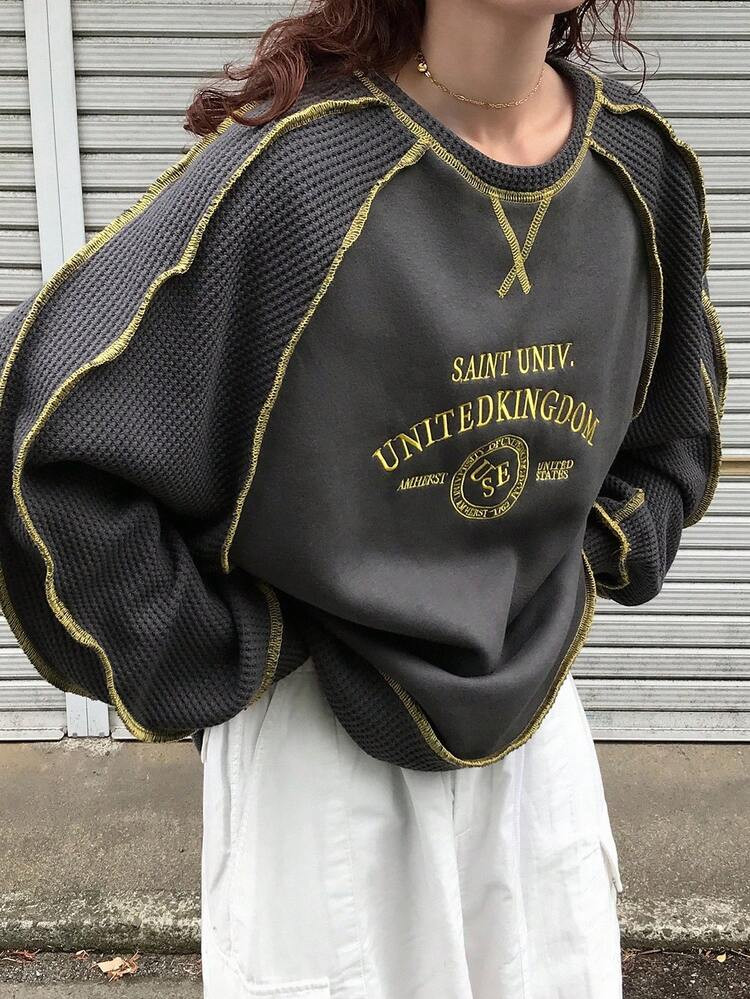 FRIFUL Women's Crew Neck Contrast Stitching Patchwork Front Letter Print Decoration Loose Lantern Sleeve Thermal Lined Thick Sweatshirt Fall,Winter Y2k Sweatshirt Waffle Knit Sweatshirt Embroidered Sweatshirt Oversized Sweatshirt Contrast Stitch Sweatshirt | SHEIN