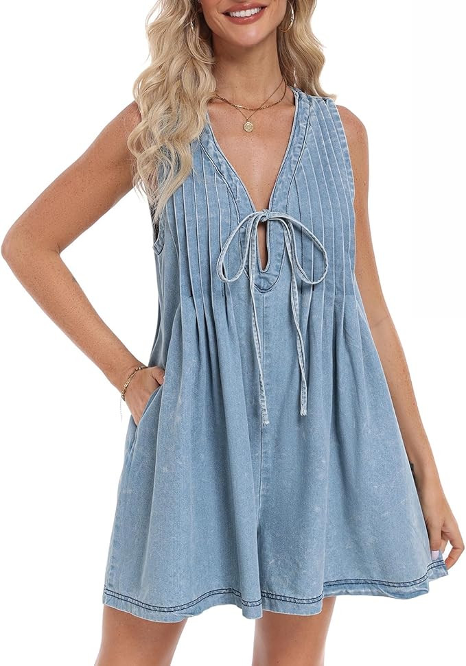 Women's Denim Romper Casual Summer Sleeveless Jean Romper Tie Front V Neck Ruffle Jean Short Over... | Amazon (US)