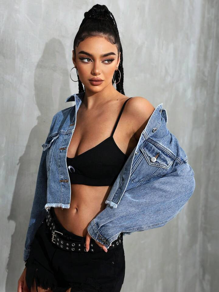 SHEIN Essnce Women's Loose-Fit Denim Jacket With Drop Shoulder, Long Sleeves, Patchwork And Fraye... | SHEIN