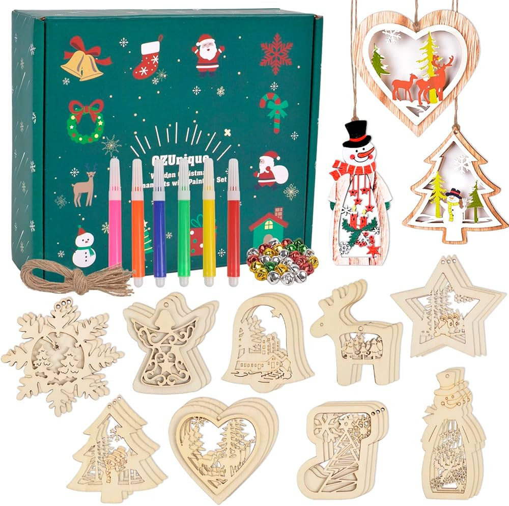 Wooden Christmas DIY Ornaments Crafts - 27 Pack, 9 Styles of Unfinished Christmas Ornaments, 6 Co... | Amazon (US)