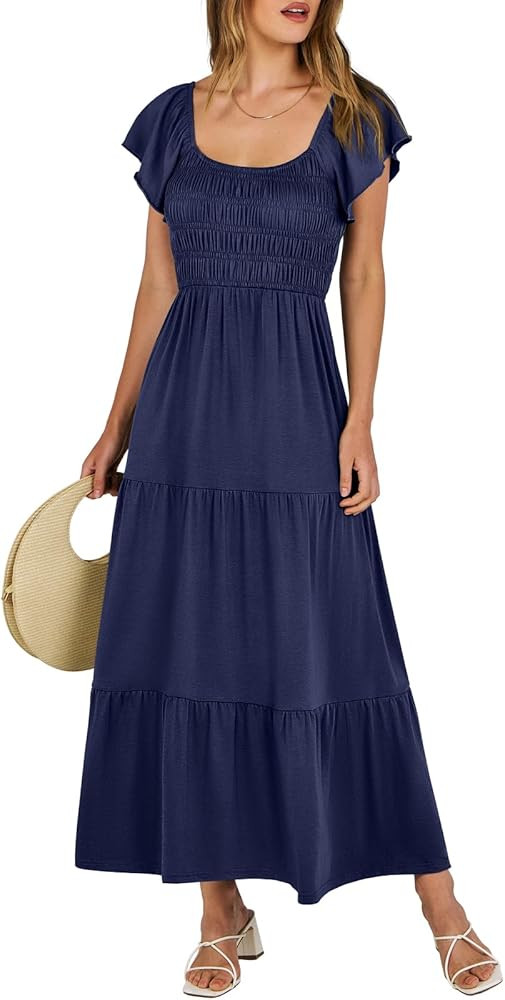 ANRABESS Women’s 2024 Summer Casual Maxi Dress Flutter Sleeve Scoop Neck Smocked Tiered A Line ... | Amazon (US)