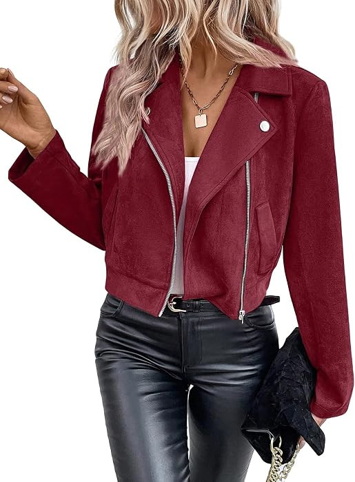 Womens Cropped Suede Jackets Fall Winter Casual Zipper Faux Suede Coat | Amazon (US)