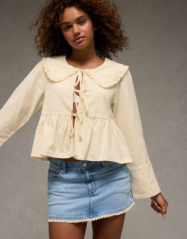 AE Long Sleeve Tie-Front Blouse | American Eagle Outfitters (US & CA)