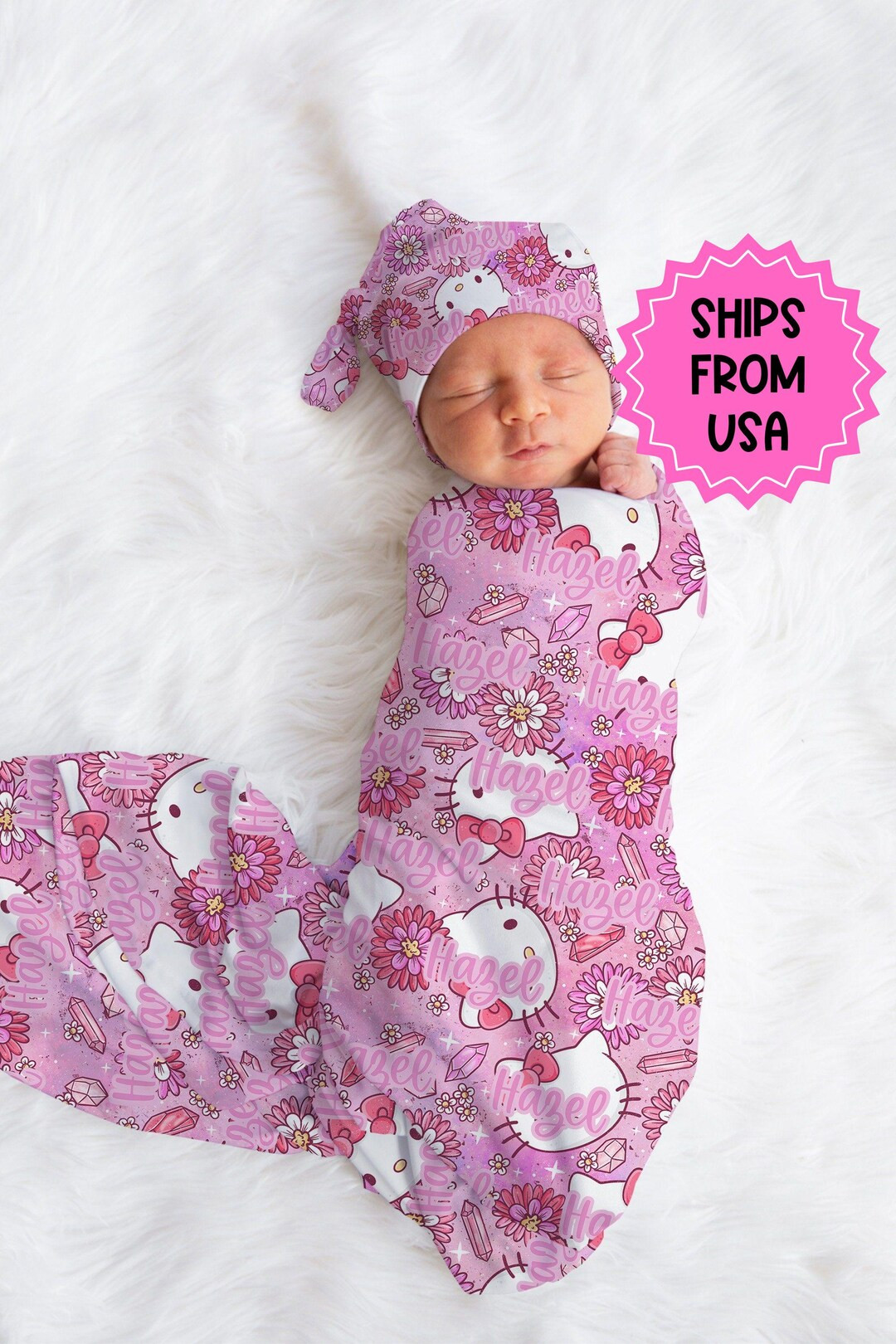 Personalized Pink anime cat Swaddle bow set newborn Swaddle hat set, Newborn girl hospital reveal... | Etsy (Global)