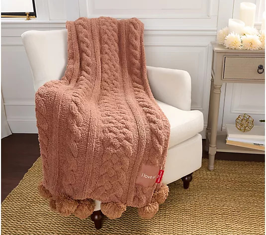 Make Your Selection: Peace Love World 70x60 Pom Pom Cable Knit Blanket | QVC